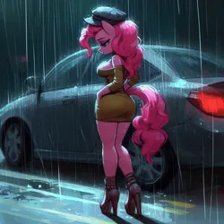 Size: 1024x1024 | Tagged: safe, ai content, derpibooru import, machine learning generated, pinkie pie, anthro, adorasexy, bare shoulders, big breasts, breasts, busty pinkie pie, butt, cap, car, clothes, curvy, cute, dress, female, g4, hat, high heels, hourglass figure, image, looking down, png, prompter:horselover fat, rain, sad, sexy, shoes, shoulderless, sideboob, solo, street