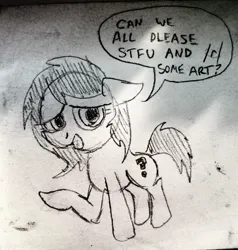 Size: 2964x3120 | Tagged: safe, artist:dhm, derpibooru import, oc, oc:anonfilly, pony, 4chan, concerned, drawthread, female, filly, image, jpeg, monochrome, sketch, solo, speech bubble, traditional art, vulgar