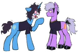 Size: 3050x2050 | Tagged: safe, artist:mxmx fw, derpibooru import, ponified, earth pony, pony, unicorn, angry, clothes, clown makeup, curly hair, dyed mane, el maau, el uriel, hoof polish, horn, image, jewelry, looking at each other, looking at someone, onecoin crew, png, simple background, spanish, transparent background, unshorn fetlocks, youtuber