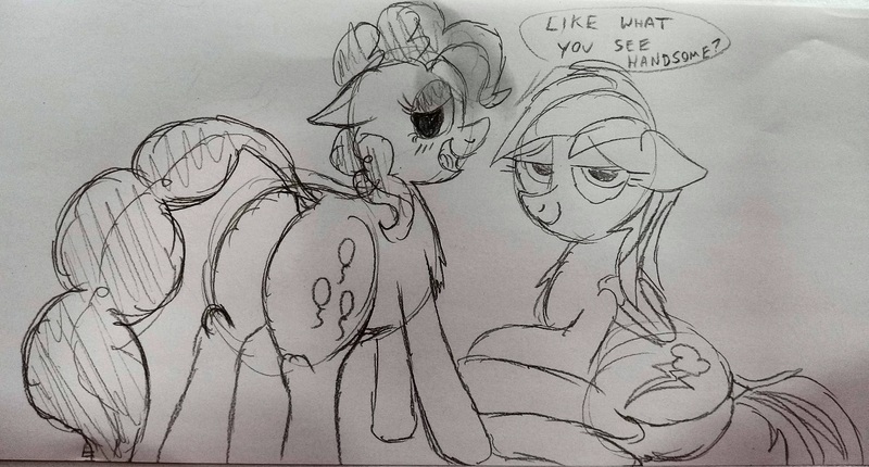 Size: 4160x2235 | Tagged: suggestive, artist:dhm, derpibooru import, pinkie pie, rainbow dash, pony, ass, bedroom eyes, blushing, butt, drawthread, image, jpeg, monochrome, seductive, sketch, speech bubble, traditional art