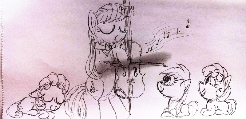 Size: 4160x2010 | Tagged: safe, artist:dhm, derpibooru import, octavia melody, oc, earth pony, pony, bipedal, cello, eyes closed, female, filly, foal, image, jpeg, mare, monochrome, music notes, musical instrument, sketch, traditional art