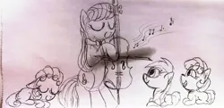Size: 4160x2010 | Tagged: safe, artist:dhm, derpibooru import, octavia melody, oc, earth pony, pony, bipedal, cello, eyes closed, female, filly, foal, image, jpeg, mare, monochrome, music notes, musical instrument, sketch, traditional art