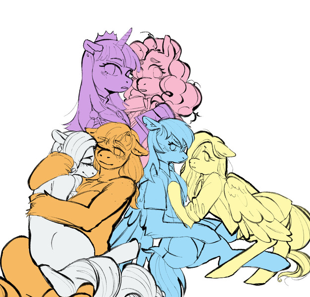 Size: 1192x1142 | Tagged: safe, artist:dragonmickie, derpibooru import, applejack, fluttershy, pinkie pie, rainbow dash, rarity, twilight sparkle, twilight sparkle (alicorn), alicorn, earth pony, pegasus, pony, unicorn, clothes, cuddling, female, g4, hug, image, jpeg, lesbian, mane six, open mouth, rarijack, shipping, simple background, smiling, unshorn fetlocks, white background