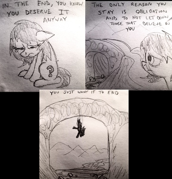 Size: 5488x5704 | Tagged: grimdark, artist:dhm, derpibooru import, oc, oc:anonfilly, unofficial characters only, pony, bridge, comic, crying, death, depressed, depressing, depression, female, filly, image, jpeg, lidded eyes, monochrome, sad, sketch, solo, suicide, traditional art