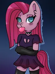 Size: 1500x2000 | Tagged: safe, artist:bubblegooey, derpibooru import, pinkie pie, anthro, unguligrade anthro, blue eyes, blush sticker, blushing, bubblegum, chewing, chewing gum, choker, clothes, crossed arms, cute, cuteamena, dress, ear fluff, eating, female, food, gloves, goth, gradient background, gum, image, lidded eyes, looking at you, pink hair, pinkamena diane pie, png, purple dress, signature, socks, solo, spiked choker, stockings, straight hair, tail, thigh highs