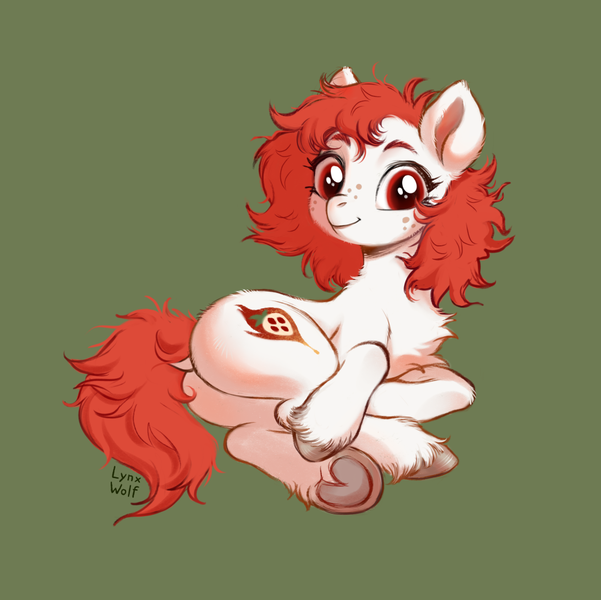 Size: 1010x1008 | Tagged: safe, artist:lynxwolf, derpibooru import, oc, oc:kich pineberry, unofficial characters only, earth pony, pony, colored, colored sketch, cute, fluffy mane, freckles, image, png, red mane, reference, sketch, solo, white coat