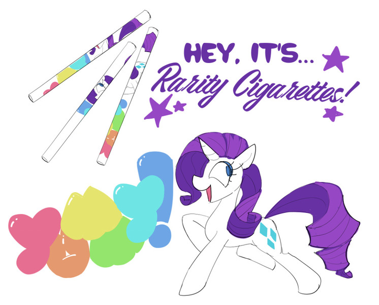 Size: 1042x838 | Tagged: safe, artist:drzootsuit, derpibooru import, rarity, pony, unicorn, cigarette, image, jpeg, open mouth, simple background, smiling, solo, text, white background