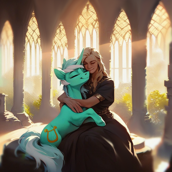 Size: 1024x1024 | Tagged: safe, ai content, derpibooru import, machine learning generated, stable diffusion, lyra heartstrings, human, pony, unicorn, arms around neck, bush, cathedral, clothes, crepuscular rays, dress, eyes closed, female, generator:purplesmart.ai, hug, hugging a pony, human on pony snuggling, image, light, pillar, png, sitting, smiling, snuggling, temple, window
