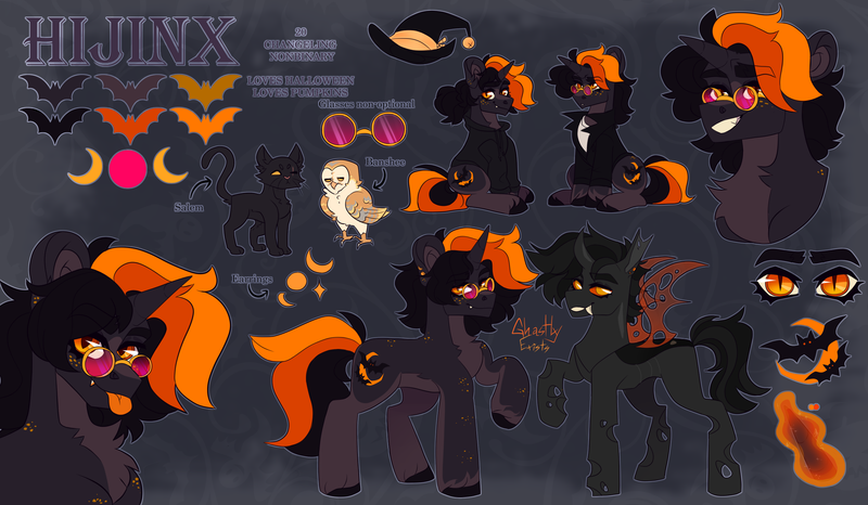 Size: 2534x1476 | Tagged: safe, artist:ghastlyexists, derpibooru import, oc, oc:hijinx, unofficial characters only, bat pony, bat pony unicorn, bird, cat, changeling, hybrid, owl, pony, unicorn, chest fluff, clothes, curved horn, cutie mark, ear fluff, ear piercing, earring, eyebrows, eyelashes, fangs, fluffy mane, freckles, glasses, hoodie, horn, image, jacket, jewelry, long tail, looking at you, magic, no pupils, nonbinary, piercing, png, ponytail, raised hoof, reference sheet, shirt, short mane, slit pupils, smiling, solo, spread wings, tail, tongue out, unshorn fetlocks, wings