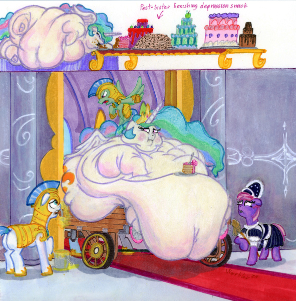 Size: 4665x4739 | Tagged: questionable, artist:white-eyed vireo, derpibooru import, princess celestia, alicorn, earth pony, pegasus, pony, fanfic:a slice of life, belly, big belly, bingo wings, butt, cake, cakelestia, canterlot castle, chubby cheeks, chubbylestia, clothes, door, double chin, drawing, fanfic art, fat, fat fetish, fetish, flabby chest, floppy ears, food, huge belly, huge butt, image, immobile, impossibly large belly, impossibly obese, jpeg, large butt, maid, morbidly obese, multichin, neck roll, obese, rolls of fat, royal guard, traditional art