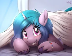 Size: 5000x3860 | Tagged: safe, artist:an-tonio, derpibooru import, izzy moonbow, oc, pony, unicorn, g5, bed, cute, female, image, izzybetes, png, solo