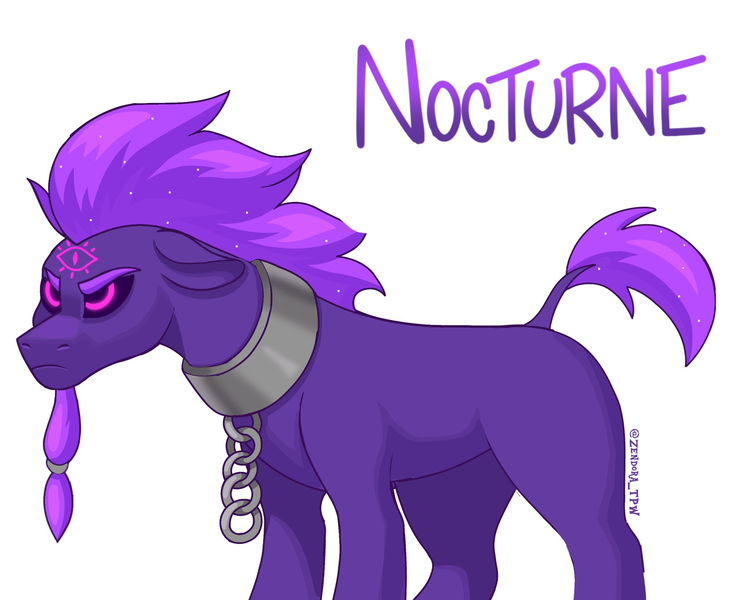 Size: 2048x1638 | Tagged: safe, artist:zendora, oc, oc:nocturne comet, unofficial characters only, earth pony, pony, beard, chains, collar, cuffs, earth pony oc, ethereal mane, eyebrows, facial hair, frown, image, leonine tail, male, missing cutie mark, png, purple sclera, short tail, simple background, solo, stallion, starry mane, third eye, white background