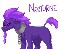 Size: 2048x1638 | Tagged: safe, artist:zendora, oc, oc:nocturne comet, unofficial characters only, earth pony, pony, beard, chains, collar, cuffs, earth pony oc, ethereal mane, eyebrows, facial hair, frown, image, leonine tail, male, missing cutie mark, png, purple sclera, short tail, simple background, solo, stallion, starry mane, third eye, white background