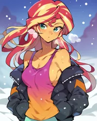 Size: 4096x5120 | Tagged: suggestive, ai content, derpibooru import, machine learning generated, stable diffusion, sunset shimmer, equestria girls, anime style, braless, breasts, breath, clothes, female, g4, generator:pony diffusion v6 xl, generator:purplesmart.ai, image, jacket, png, sideboob, small breasts, snow, snowfall, solo, tanktop