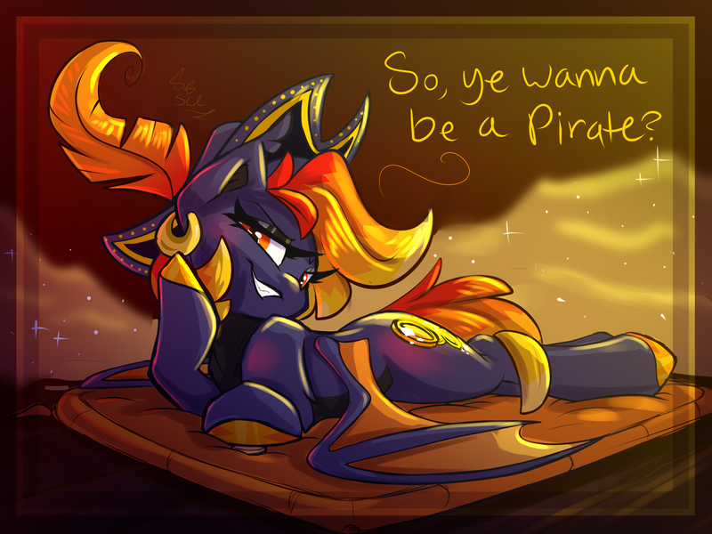 Size: 2000x1500 | Tagged: safe, artist:starcasteclipse, derpibooru import, oc, oc:sunrook, unofficial characters only, bat pony, pony, ear piercing, earring, eyeshadow, female, hat, image, jewelry, laying on stomach, makeup, mare, piercing, pirate, png