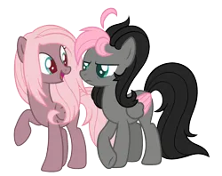 Size: 2273x1797 | Tagged: safe, artist:sinamuna, derpibooru import, oc, oc:coco blossom, oc:humble shade, unofficial characters only, pegasus, pony, ahoge, angry, base used, black hair, blue eyes, brother and sister, brown fur, duo, female, green eyes, grey fur, happy, image, male, mare, next generation, offspring, parent:fluttershy, parent:king sombra, parents:sombrashy, pink hair, png, red pupils, siblings, stallion
