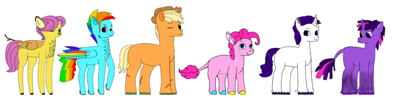 Size: 2784x697 | Tagged: safe, artist:coolgear10, derpibooru import, applejack, fluttershy, pinkie pie, rainbow dash, rarity, twilight sparkle, deer, deer pony, donkey, earth pony, hybrid, original species, pegasus, pony, unicorn, g5, applejack (male), applejack's hat, bubble berry, butterscotch, cloven hooves, colored wings, cowboy hat, diverse body types, dusk shine, elusive, feather, hat, height difference, hoof polish, image, leonine tail, mane six, multicolored wings, png, rainbow blitz, rainbow wings, rule 63, scar, stick in tail, tail, tallerdash, tallershy, wings
