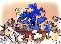 Size: 1470x1050 | Tagged: safe, artist:glacierclear, derpibooru import, princess luna, alicorn, pony, sheep, bags under eyes, counting sheep, desk, female, g4, hoof shoes, image, jewelry, jpeg, mare, peytral, regalia