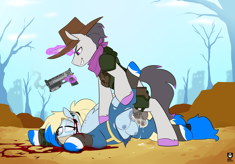 Size: 2030x1420 | Tagged: explicit, grimdark, alternate version, artist:redxbacon, derpibooru import, oc, oc:azure opus, oc:haze rad, unofficial characters only, pegasus, pony, unicorn, fallout equestria, 10mm pistol, afterrape, aftersex, armor, bad end, balls, bandana, blind, blood, bullet hole, clothes, combat armor, cowboy hat, creampie, crotchboobs, crying, cum, cum on floor, dead, dead eyes, death, duct tape, ear piercing, female, fetish, flaccid, gag, glazed dick, grin, gun, handgun, hat, horsecock, image, jumpsuit, magic, male, mare, necrophilia, nipples, nudity, open mouth, outdoor sex, outdoors, penis, piercing, pipbuck, pistol, png, ponytail, pulling out, raised hoof, rape, sex, smiling, snuff, stallion, stallion on mare, straight, tail, tape, tape gag, telekinesis, this ended in death, torn clothes, two toned mane, two toned tail, vaginal creampie, vault suit, vulva, wasteland, weapon