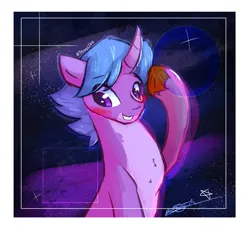 Size: 2114x1938 | Tagged: safe, artist:staceyld636, derpibooru import, oc, oc:star hopper, pony, unicorn, blushing, commission, covering, curved horn, galaxy, horn, image, looking away, male, png, shading, shy, stallion, stars