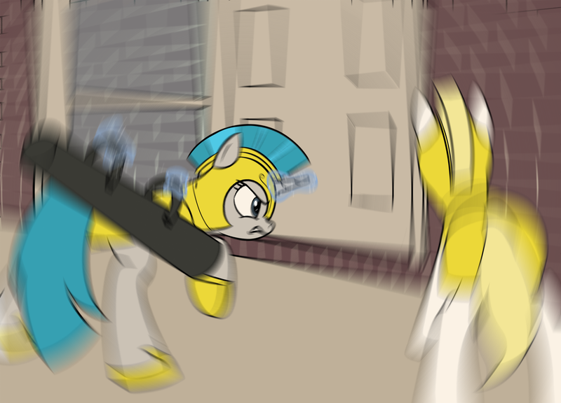 Size: 2543x1830 | Tagged: safe, artist:trash anon, derpibooru import, pony, unicorn, angry, armor, armored pony, battering ram, door, door breaching, door slam, female, guardsmare, helmet, hoof shoes, image, mare, motion blur, png, royal guard, royal guard armor