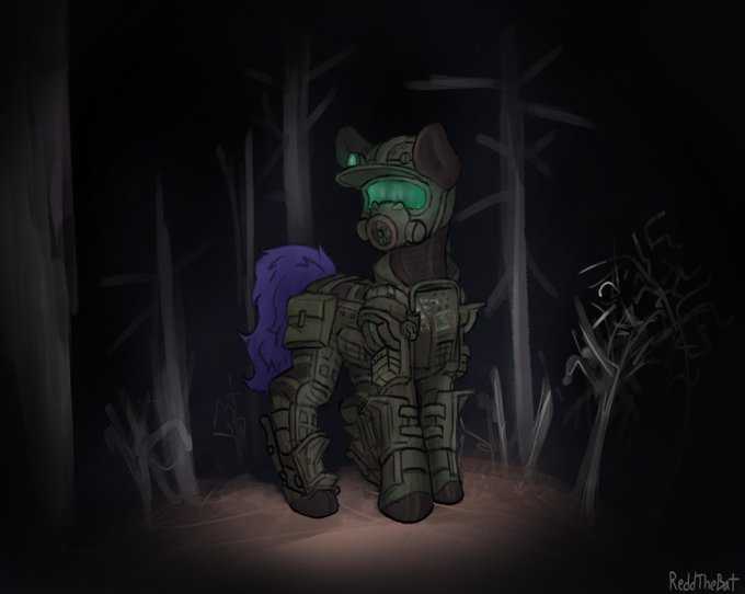 Size: 680x542 | Tagged: safe, artist:reddthebat, derpibooru import, oc, pony, fallout equestria, armor, armored pony, dark, dead tree, fallout, fallout 4, goggles, helmet, image, jpeg, night, tree