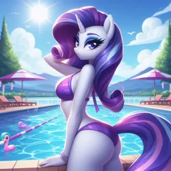 Size: 1024x1024 | Tagged: prompter needed, source needed, safe, ai content, derpibooru import, machine learning generated, rarity, anthro, unicorn, arm behind head, ass, bikini, butt, clothes, eyeshadow, female, g4, generator:bing image creator, generator:dall-e 3, image, jpeg, looking at you, looking back, looking back at you, makeup, missing cutie mark, outdoors, purple bikini, rearity, sexy, smiling, smiling at you, solo, standing, swimming pool, swimsuit, umbrella, water