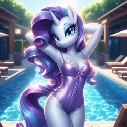 Size: 1024x1024 | Tagged: safe, ai content, derpibooru import, machine learning generated, rarity, anthro, unicorn, arm behind head, breasts, cleavage, clothes, eyeshadow, g4, generator:bing image creator, generator:dall-e 3, image, jpeg, looking at you, makeup, missing cutie mark, one-piece swimsuit, outdoors, purple swimsuit, sexy, smiling, smiling at you, solo, standing, swimming pool, swimsuit
