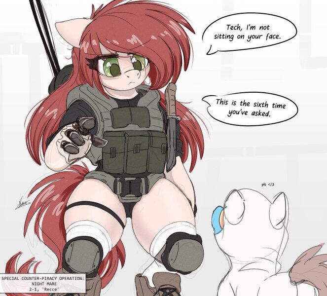 Size: 900x814 | Tagged: suggestive, artist:ncmares, derpibooru import, oc, unofficial characters only, cyborg, earth pony, pony, semi-anthro, amazonian, artificial hands, augmented, big mare, bipedal, butt, clothes, cyberpunk, dialogue, female, garter, green eyes, image, jpeg, knee pads, knife, lab coat, leotard, male, plate carrier, plot, shoes, size difference, socks, soldier, stallion, tactical vest, text, thicc thighs, thighs, thunder thighs, weapon