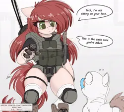 Size: 900x814 | Tagged: suggestive, artist:ncmares, derpibooru import, oc, unofficial characters only, cyborg, earth pony, pony, semi-anthro, amazonian, artificial hands, augmented, big mare, bipedal, butt, clothes, cyberpunk, dialogue, female, garter, green eyes, image, jpeg, knee pads, knife, lab coat, leotard, male, plate carrier, plot, shoes, size difference, socks, soldier, stallion, tactical vest, text, thicc thighs, thighs, thunder thighs, weapon
