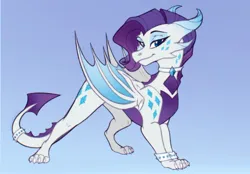 Size: 2048x1423 | Tagged: safe, artist:koffeemilk, derpibooru import, rarity, dragon, dragonified, female, g4, gradient background, image, jpeg, open mouth, raridragon, smiling, solo, species swap, wings