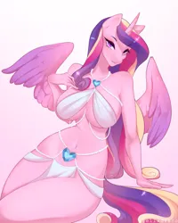 Size: 1717x2146 | Tagged: suggestive, artist:stelladraco, derpibooru import, princess cadance, alicorn, anthro, bedroom eyes, belly button, big breasts, breasts, busty princess cadance, colored wings, crystal heart, curvy, disproportional anatomy, eyebrows, eyebrows visible through hair, female, g4, gradient background, horn, image, jewelry, leaning, long horn, looking at you, multicolored wings, partially open wings, png, skimpy outfit, solo, solo female, spread wings, useless clothing, wasp waist, white clothes, white dress, wide hips, wings