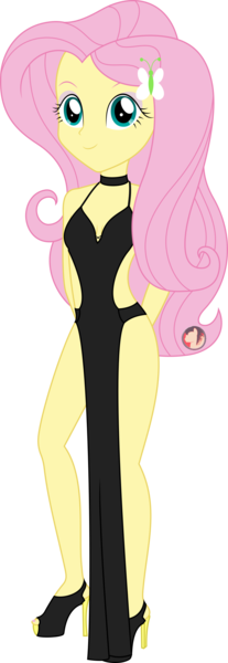 Size: 830x2402 | Tagged: suggestive, artist:rexpony, derpibooru import, fluttershy, human, equestria girls, absolute cleavage, black collar, black dress, black high heels, breasts, busty fluttershy, cleavage, clothes, collar, cute, cutie mark, cutie mark accessory, cutie mark hair accessory, dress, female, g4, hair accessory, hairpin, high heels, image, long dress, png, revealing clothing, revealing dress, shoes, simple background, smiling, solo, solo female, solo focus, transparent background, vector