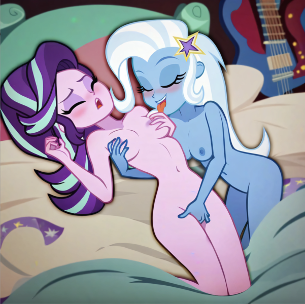 Size: 1406x1404 | Tagged: questionable, ai content, machine learning generated, stable diffusion, starlight glimmer, trixie, human, equestria girls, bedroom, blushing, breast fondling, busty starlight glimmer, busty trixie, ecstasy, eyes closed, guitar, in love, laying on bed, lesbian couple, moaning, moaning in pleasure, nudity, png, seductive pose, sexy, show accurate porn, suckling