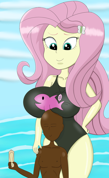 Size: 1600x2600 | Tagged: suggestive, artist:derpybron, derpibooru import, fluttershy, oc, human, equestria girls, equestria girls series, big breasts, bikini, black bikini, black swimsuit, breasts, busty fluttershy, canon x oc, clothes, cloud, cutie mark, cutie mark accessory, cutie mark hair accessory, dark skin, female, hair accessory, hairpin, huge breasts, image, imminent sex, male, male oc, one-piece swimsuit, png, sexy, shipping, spanish, spanish description, stupid sexy fluttershy, sunscreen, swimsuit, this will end in snu snu, water