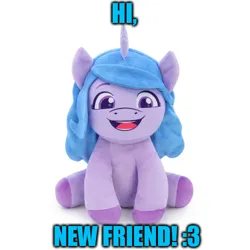 Size: 500x500 | Tagged: safe, derpibooru import, official, izzy moonbow, unicorn, g5, caption, chibi, image, jpeg, looking at you, meme, merchandise, photo, plushie, quote, smiling, smiling at you, text, toy