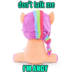 Size: 500x500 | Tagged: safe, derpibooru import, sunny starscout, earth pony, g5, angry, braid, caption, image, meme, merchandise, multicolored hair, photo, plushie, png, rainbow hair, text, toy