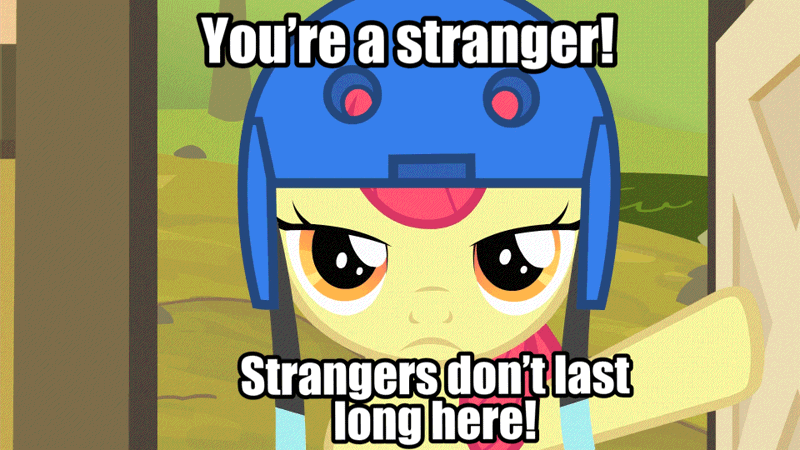 Size: 960x540 | Tagged: safe, edit, edited screencap, editor:undeadponysoldier, ponerpics import, ponybooru import, screencap, apple bloom, earth pony, pony, somepony to watch over me, clubhouse, crusaders clubhouse, female, filly, foal, gif, helmet, image, looking at you, meme, movie reference, rango, reference, solo, talking to viewer