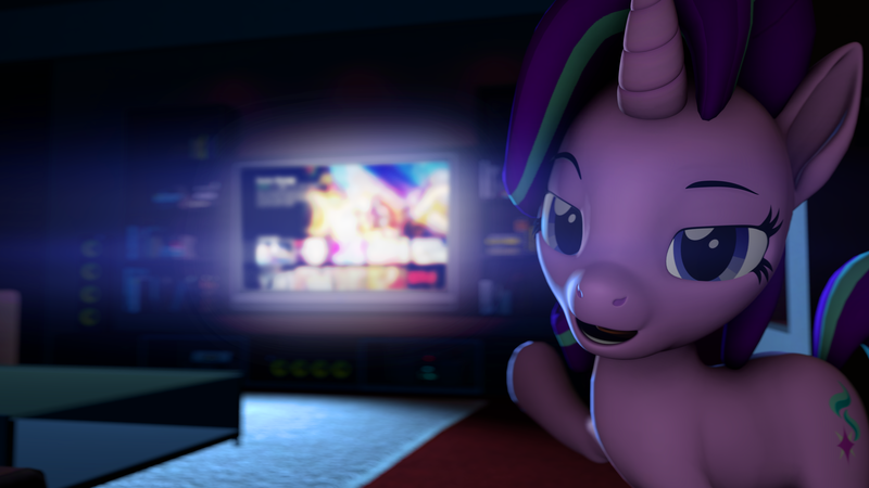 Size: 3840x2160 | Tagged: safe, artist:darkad8000, derpibooru import, starlight glimmer, pony, unicorn, 3d, absurd resolution, bedroom eyes, female, grand theft auto, gta v, high res, image, imminent sex, interior, inviting, inviting you, lens flare, looking at you, mare, netflix, open mouth, png, pointing, seductive look, sexy, smiling, solo, source filmmaker, stupid sexy starlight glimmer, television