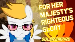 Size: 1000x561 | Tagged: safe, derpibooru import, edit, editor:toastypk, oc, oc:lightpoint, pegasus, pony, april fools 2023, clothes, glare, glasses, image, looking at you, male, png, poster, propaganda, salute, silhouette, solar empire, solo, spread wings, stallion, wings