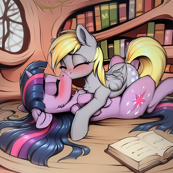 Size: 2048x2048 | Tagged: safe, ai content, derpibooru import, machine learning generated, stable diffusion, derpy hooves, twilight sparkle, pegasus, pony, unicorn, blushing, book, bookshelf, cheek fluff, chest fluff, cute, duo, duo female, ear fluff, eyes closed, female, floor, g4, generator:pony diffusion v6 xl, golden oaks library, high res, image, indoors, kiss on the lips, kissing, lesbian, library, lying down, lying on top of someone, mare, on back, on floor, png, prompter:tyto4tme4l, ship:twerpy, shipping, unicorn twilight, window
