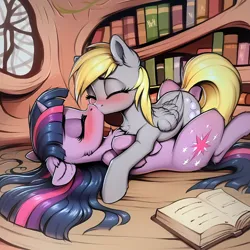 Size: 2048x2048 | Tagged: safe, ai content, derpibooru import, machine learning generated, stable diffusion, derpy hooves, twilight sparkle, pegasus, pony, unicorn, blushing, book, bookshelf, cheek fluff, chest fluff, cute, duo, duo female, ear fluff, eyes closed, female, floor, g4, generator:pony diffusion v6 xl, golden oaks library, high res, image, indoors, kiss on the lips, kissing, lesbian, library, lying down, lying on top of someone, mare, on back, on floor, png, prompter:tyto4tme4l, ship:twerpy, shipping, unicorn twilight, window