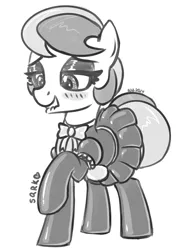 Size: 1258x1734 | Tagged: safe, artist:superderpybot, derpibooru import, oc, oc:squeaky clean, unofficial characters only, earth pony, pony, bedroom eyes, bondage, bow, clothes, digital art, earth pony oc, female, fetish, grayscale, image, latex, latex fetish, latex suit, lip bite, maid, mare, monochrome, png, rubber, rubber boots, rubber suit, shiny, simple background, sketch, skirt, solo, white background