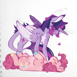 Size: 2000x2000 | Tagged: safe, artist:shyhandart, derpibooru import, pinkie pie, twilight sparkle, twilight sparkle (alicorn), alicorn, earth pony, pony, female, heart, high res, hooves, image, leonine tail, lesbian, looking at each other, looking at someone, lying down, multicolored hooves, on back, png, shipping, simple background, smiling, smiling at each other, tail, twinkie, white background