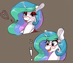 Size: 1352x1165 | Tagged: safe, artist:to_fat_to_fly, ponerpics import, princess celestia, alicorn, pony, bust, clothes, ear fluff, exclamation point, eyeshadow, female, glasses, heart, horn, image, lidded eyes, lipstick, looking at you, makeup, mare, open mouth, png, portrait, shirt, solo