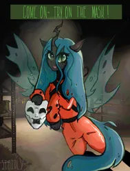 Size: 2500x3300 | Tagged: safe, artist:sibirly, derpibooru import, part of a set, queen chrysalis, changeling, changeling queen, mimic, bipedal, comedy mask, crossover, dialogue, female, hazmat suit, high res, holding, image, lethal company, looking at you, mask, open mouth, open smile, part of a series, png, seems legit, signature, smiling, smiling at you, solo