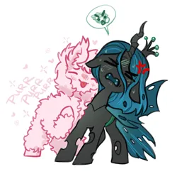 Size: 2661x2613 | Tagged: safe, artist:opalacorn, derpibooru import, queen chrysalis, oc, oc:fluffle puff, changeling, changeling queen, earth pony, pony, ><, canon x oc, cross-popping veins, emanata, eyes closed, female, image, jpeg, lesbian, mare, nuzzling, ship:chrysipuff, shipping, simple background, smiling, white background