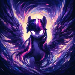 Size: 2048x2048 | Tagged: safe, ai content, derpibooru import, machine learning generated, prompter:krivovyaz, twilight sparkle, twilight sparkle (alicorn), alicorn, pony, generator:bing image creator, glow, glowing horn, goddess, horn, image, it's coming right at us, looking at you, magic, png, solo, spread wings, white eyes, wings