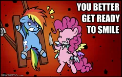 Size: 1021x645 | Tagged: semi-grimdark, artist:expectationemesis, derpibooru import, pinkie pie, rainbow dash, earth pony, pegasus, pony, cupcakes hd, fanfic:cupcakes, bondage, broken horn, chibi, chubby, collar, duo, evil grin, grin, hoof hold, horn, image, impact font, knife, png, scared, severed limb, severed wing, shocked, smiling, song reference, spiked collar, standing on two hooves, stylized, unicorn horn, unsexy bondage