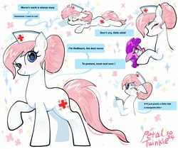 Size: 2048x1723 | Tagged: safe, artist:petaltwinkle, derpibooru import, nurse redheart, earth pony, pony, blushing, dialogue, duo, female, filly, floppy ears, foal, hoof hold, image, jpeg, looking at you, lying down, mare, messy mane, one eye closed, prone, signature, simple background, smiling, smiling at you, solo focus, speech bubble, sploot, syringe, white background, wink, winking at you